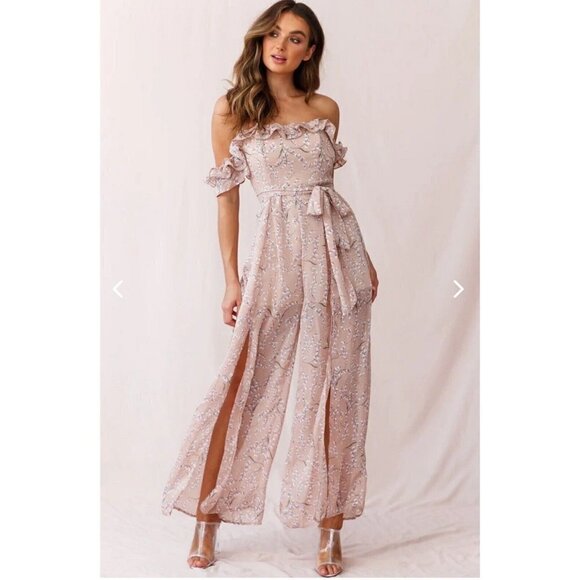Saint Secrets Jazz Bardot Neckline Split Wide Leg Floral Jumpsuit Blush XS NWT - Picture 7 of 9